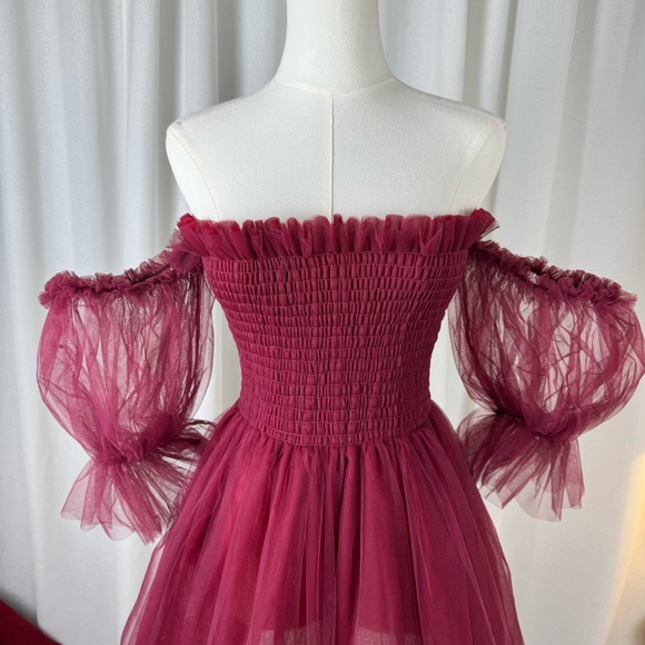 Beasha Studios Tulle Babydoll Wine Mini Dress with Puff Sleeves L - Picture 6 of 13